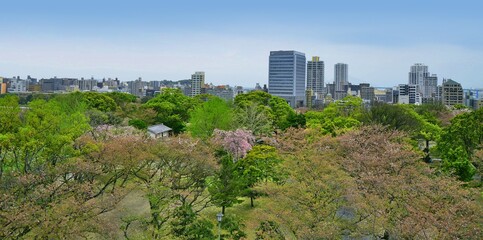 View  of Fukuoka skyline from the ruins of Maizuru castle. Fukuoka city, Japan. 04-07-2015