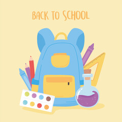 back to school, backpack chemistry flask ruler and color pencils education cartoon