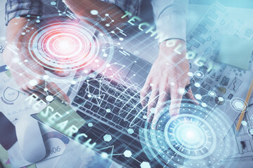 Double exposure of man and woman working together and data theme hologram drawing. Computer background. Top View.