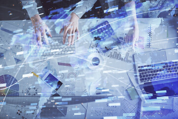 Double exposure of man and woman working together and data theme hologram drawing. Computer background. Top View.