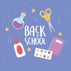 back to school, palette color scissors glue notebook education cartoon