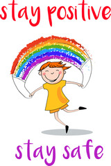 The child jumps through the jumpers in the form of a medical mask painted in the colors of the rainbow. With inscriptions Stay positive and Stay safe.