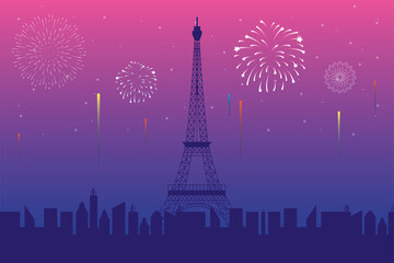 Fireworks burst explosions with paris city scene in pink background