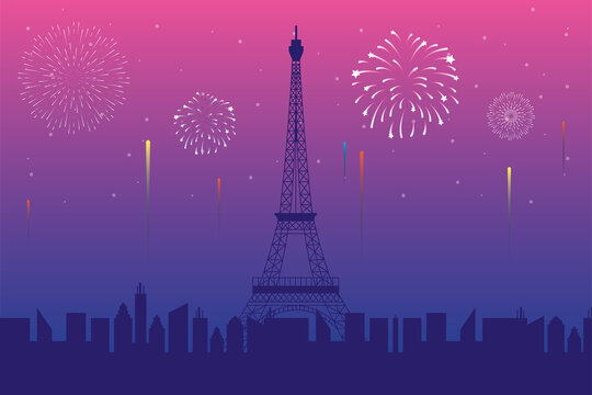 Fireworks burst explosions with paris city scene in pink background