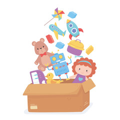 cardboard box full toys object for small kids to play cartoon