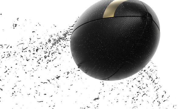 Black-Gold American Foot Ball with Black Particles in black-white lighting background. 3D CG. 3D illustration. 3D high quality rendering.