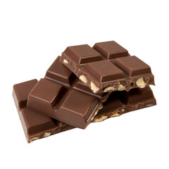 Milk chocolate with nuts, slices isolated on white background.