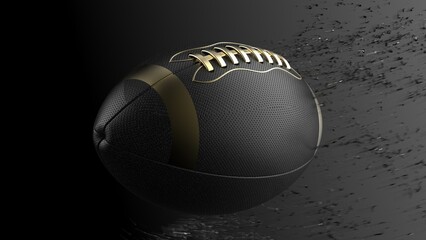 Black-Gold American Foot Ball with Black Particles in black-white lighting background. 3D CG. 3D illustration. 3D high quality rendering.