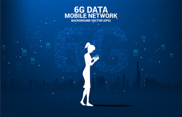 Silhouette woman with mobile phone and 6G Data technology from online function icon. Concept for mobile telecommunication global network.