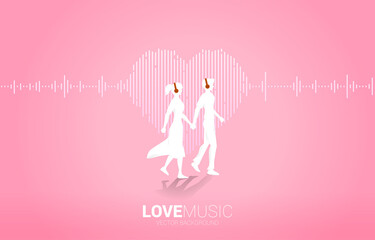 Lover couple holding hand walking with Sound wave heart icon Music Equalizer background. love song music visual signal