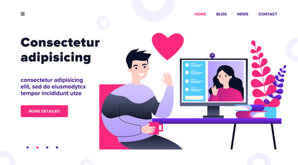 Happy people dating online flat vector illustration. Young man and woman chatting via laptop computer. Social media and communication concept.