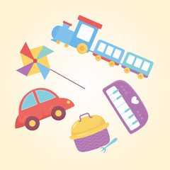 Fototapeta premium toys object for small kids to play cartoon train pinwheel car piano and lunch box