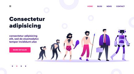 Human evolution theory flat vector illustration. Way from monkey to cyborg or robot. Cavemen as ancestors. Anthropology, reality and history concept.