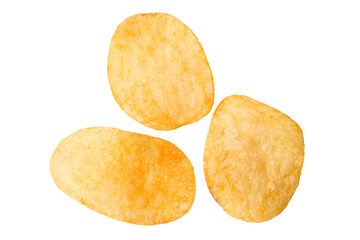 Potato chips isolated on white background close-up.