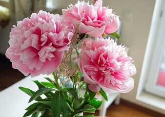 A bouquet of large pink blossoming peonies and decorative elements. In natural daylight