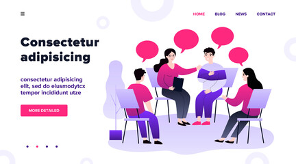 People suffering from problems, attending psychological support meeting. Patients sitting in circle, talking. Vector illustration for group therapy, counseling, psychology, help, conversation concept