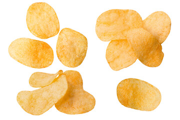 Potato chips isolated on white background close-up.