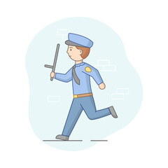 Protection Of Population Concept. Policeman Ready To Protect Order And Apprehending Criminals. Anti terrorist Officer Running For Criminal With Baton. Cartoon Linear Outline Flat Vector Illustration