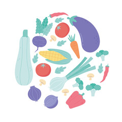 fresh cartoon organic vegetable eggplant tomato carrot radish pepper broccoli corn design