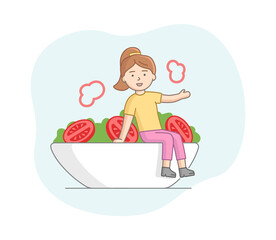 Vegetarianism And Healthy Nutrition Concept. Woman Eating Healthy Food. Character Eats Salad With Tomatoes. Girl Is Against Of Animal Products Eating. Cartoon Linear Outline Flat Vector Illustration