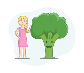 Vegetarianism And Healthy Nutrition Concept. Woman Eating Healthy Food. Character Standing Near Big Broccoli. Girl Against Of Animal Products Eating. Cartoon Linear Outline Flat Vector Illustration