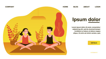Cheerful teenagers practicing yoga at home. Teen boy and girl sitting in lotus pose flat vector illustration. Children, activity, recreation concept for banner, website design or landing web page
