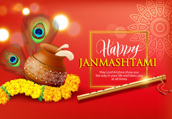 Greeting background for Hindu festival Krishna Janmashtami (birth of Lord Krishna). Vector illustration.