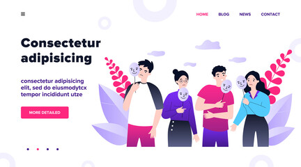 Depressed guy and girls holding positive masks on sticks. Sad people covering unhappy faces. Vector illustration for emotion, personality, psychology, disguise concept