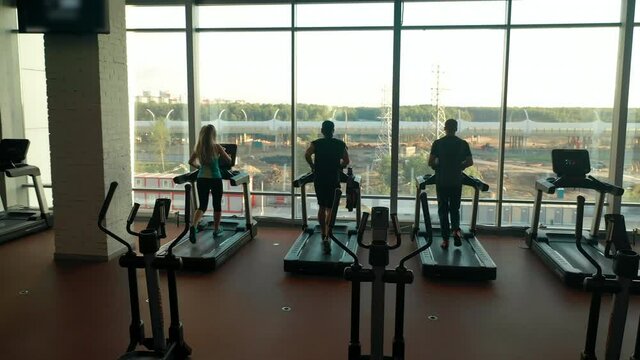 Back pan view of three sporty people, running on treadmills in a gym. Quadrocopter aerial shot indoor of sport premises near cycles and other training apparatus.