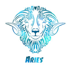 Zodiac signs - Aries blue. T-shirt print. Vector illustration. Mixed media