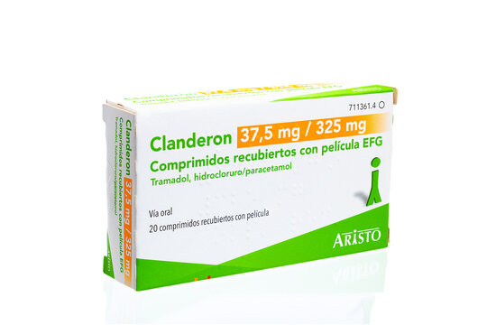 Huelva, Spain - July 23, 2020: Spanish box of Tramadol hydrochloride and Paracetamol brand Clanderon. This medication is indicated for the symptomatic treatment of moderate to severe pain.