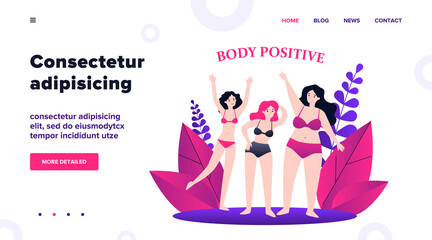 Body positive female characters in bikini waving by hands flat vector illustration. Happy plus size girls in swimsuits with different figures. Beauty and active healthy lifestyle concept
