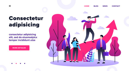 Group leader with spyglass looking far away. Business team standing near increase chart. Vector illustration for leadership, challenge, training, planning concept