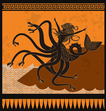 orange and black scylla sea monster