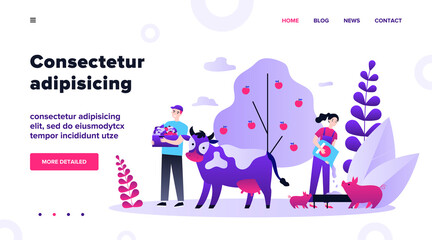 Farm workers caring animals and vegetable garden flat vector illustration. People feeding pigs and cow, growing natural food at countryside. Agriculture and farming concept.