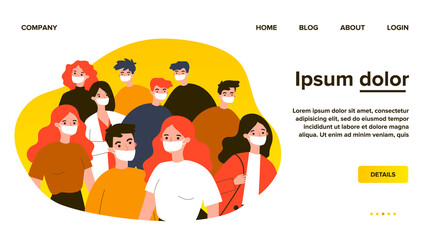 Crowd of people wearing medical face masks. Men and women protecting themselves from corona virus. Vector illustration for quarantine, safety, disease, outbreak concept