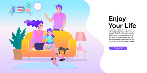 Fototapeta na wymiar family smiling and staying together. Stay home, Stay safe concept. Save lives vector design sign concept. Stop Covid-19 Coronavirus. Trendy flat vector illustration.