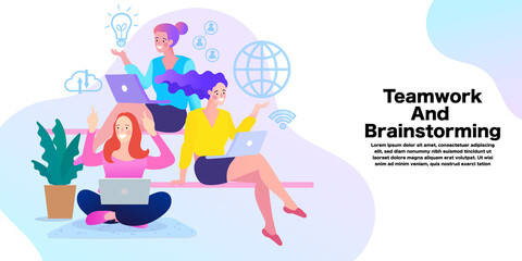 Fototapeta premium People working together in the company, brainstorming. teamwork concept. online assistant at work. vector illustration.