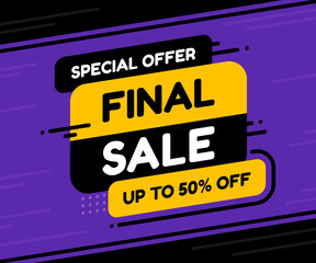 Final sale banner, discount tag, special offer. Website sticker on white background, yellow and black badge design.