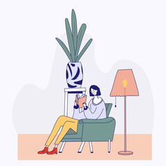 Young woman reading book on chair at home. Flat style illustration.