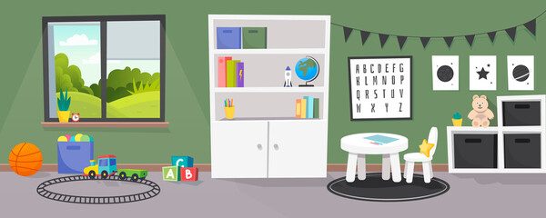 Kindergarten or kid room interior vector illustration. Empty cartoon background with child toys, tables and drawer boxes. Modern room with furniture, sunlight from window and toys for kids.