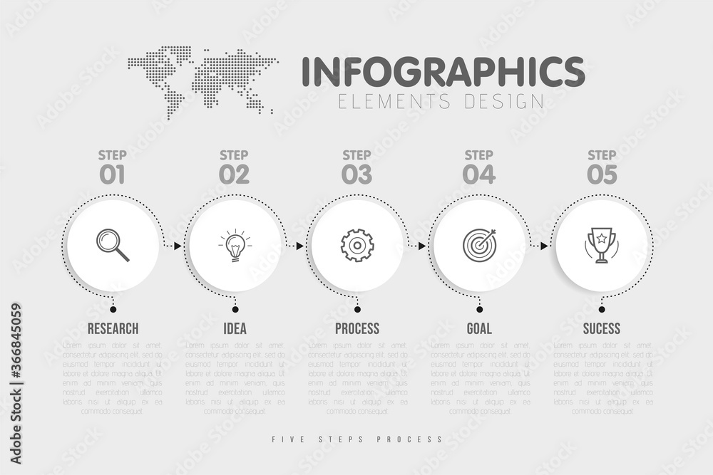 Poster business infographics template. timeline with 5 circle arrow steps, five number options. world map i