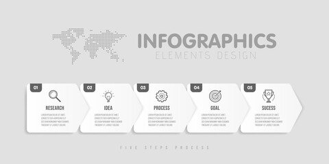 Business infographics template. Timeline with 5 arrow steps, five number options. Vector