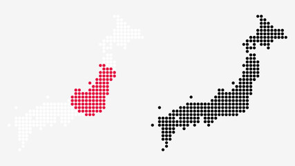 Map of Japan, in dotted style. One version includes the flag, the other is simply black. Vector Graphic.