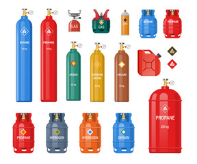 Various gas storage cylinders flat icon set. Oxygen, nitrogen, carbon dioxide, helium tanks and containers isolated vector illustration collection. Industrial fuel bottles and canisters concept - obrazy, fototapety, plakaty