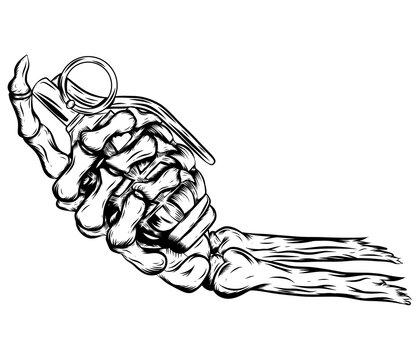 human skeleton hand holding grenade
