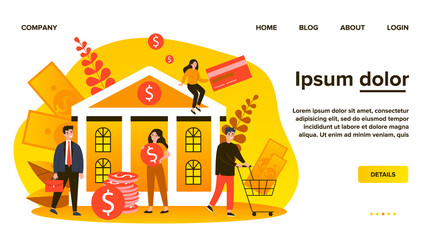 Bank building and cartoon business people flat vector illustration. Man and woman doing payment or getting money. Wealth, finance and investment concept