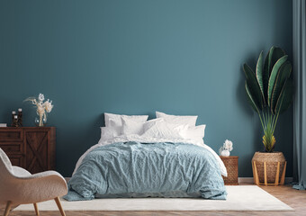 Home interior mock-up background, dark blue bedroom with potted palm, 3d render - obrazy, fototapety, plakaty