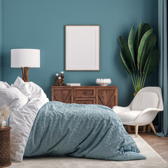 Mockup frame in dark blue bedroom interior background, 3d render
