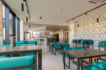 Interior of a hotel lobby cafe bar